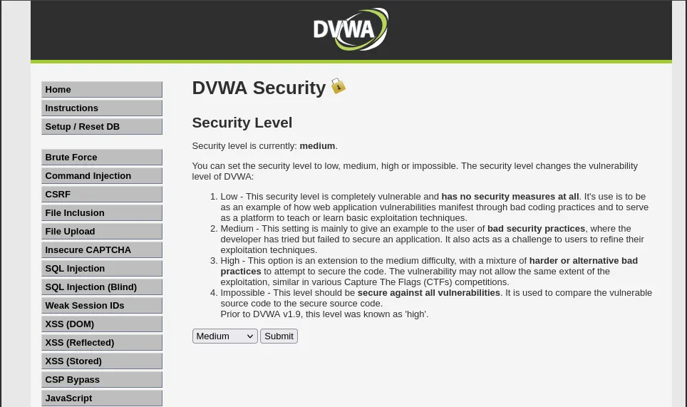 DVWA Security Setting